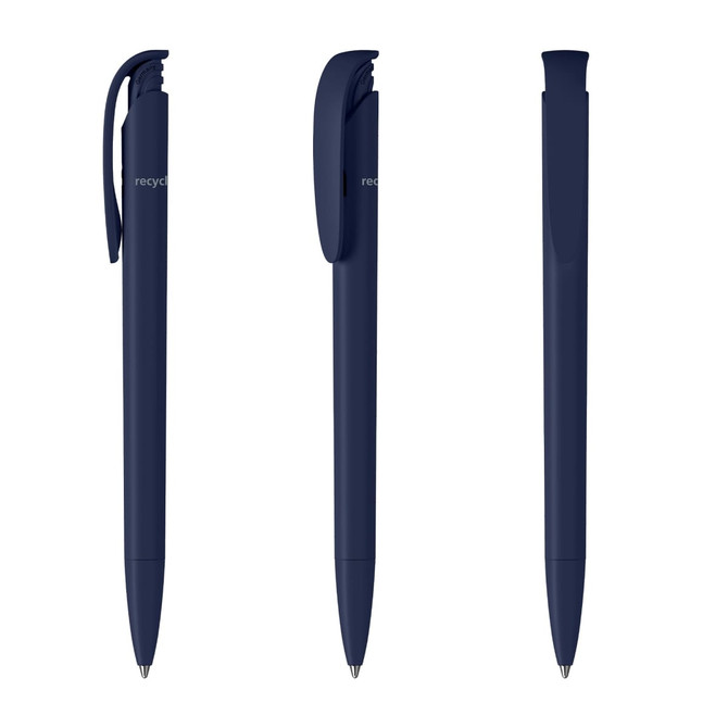 A set of dark blue plastic pens featuring a clip and a smooth design. The product includes branding.
