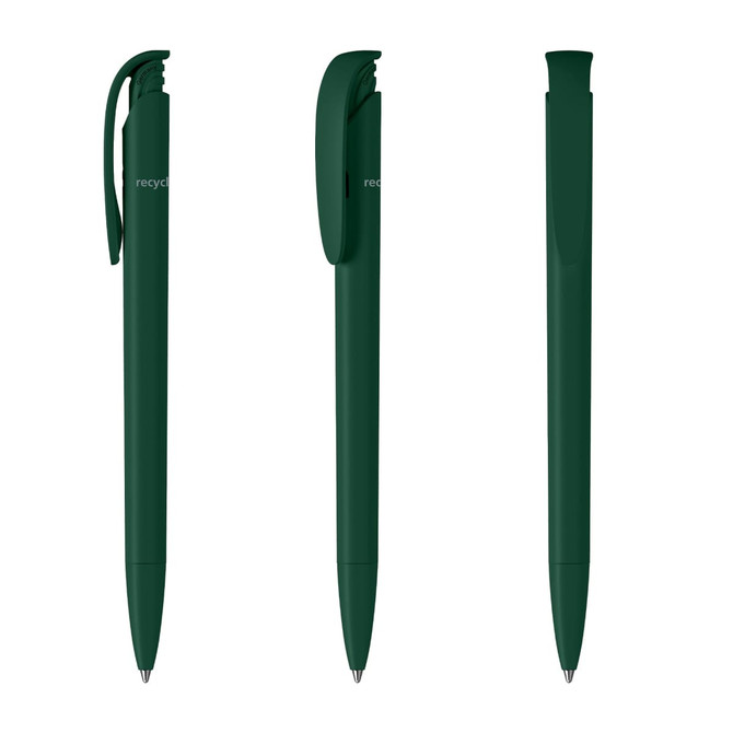 A green plastic pen with a sleek design and a clip. The pen has a minimalistic branding logo.