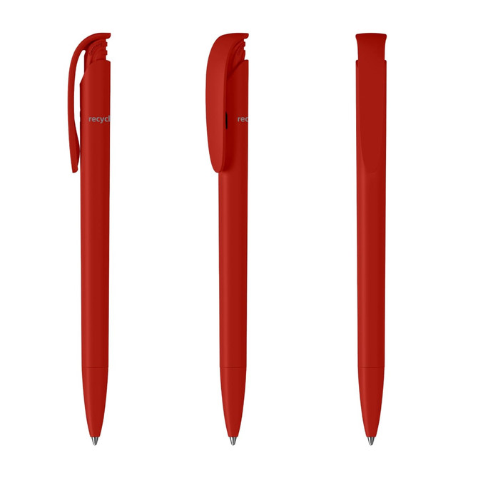 A set of three red plastic pens with different angles displayed. Each pen features a logo.