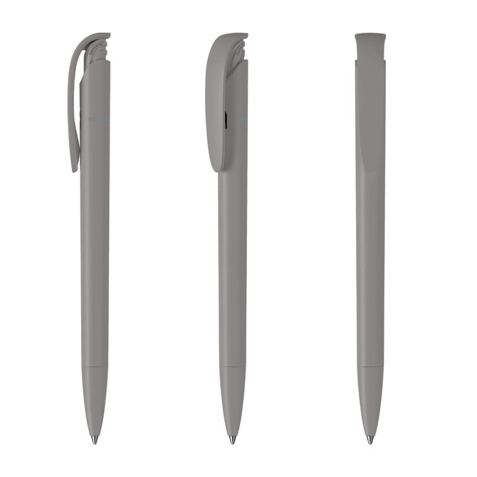 A set of grey plastic pens featuring a sleek design with a clip, showing different angles and a logo.