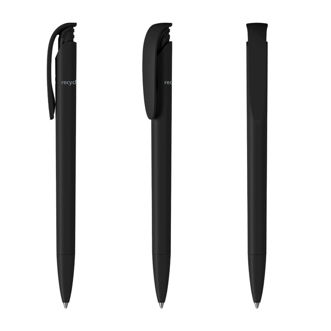 A set of black plastic pens featuring a sleek design and a clip. The pens have a contemporary look with smooth finishes.