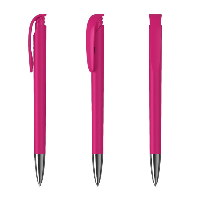 A pink metal pen with a glossy finish, featuring a clip and a sleek design. It has branding on the surface.