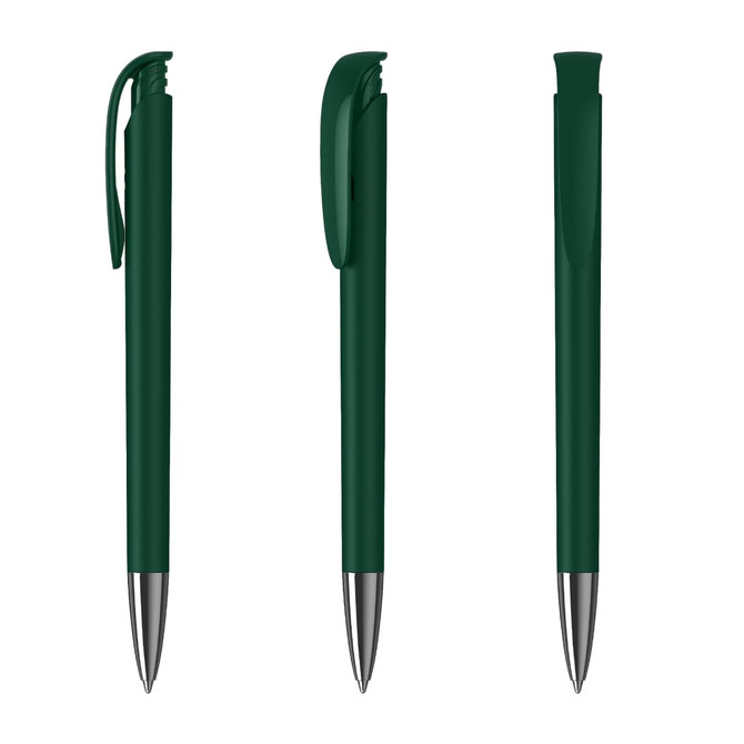 A green metal pen with a high gloss finish and silver accents, featuring a clip and retractable design.