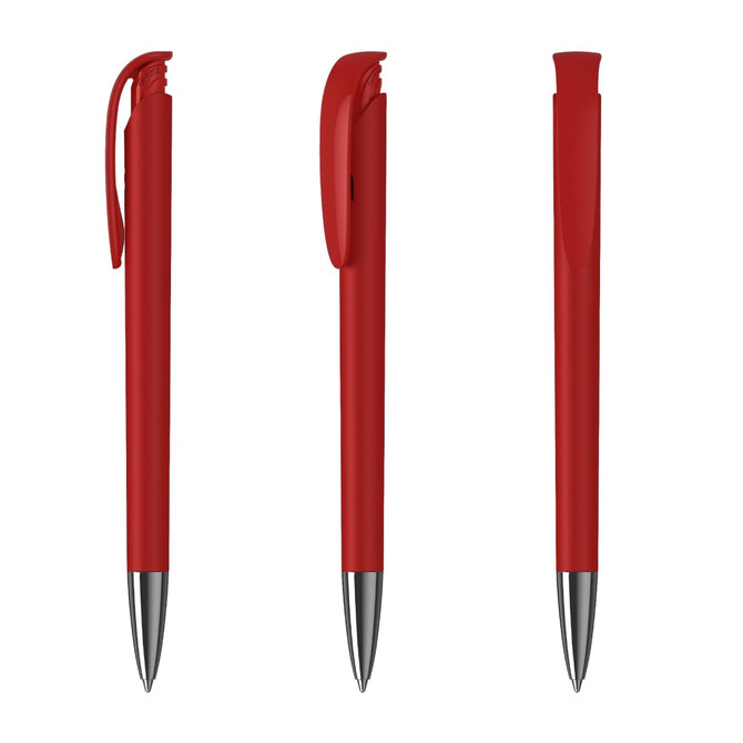 A red metal pen with a smooth high-gloss finish and a clip, featuring a sleek design and silver accents.