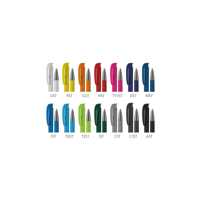 A collection of metal pens in various colours, each featuring a soft-touch, high gloss finish and a logo.