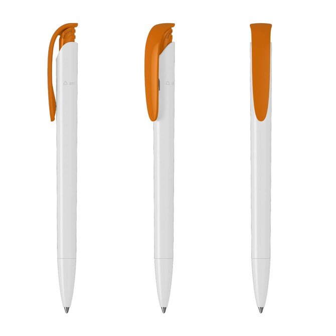 A white pen with an orange clip, featuring a smooth barrel and a logo. Multiple angles displayed.