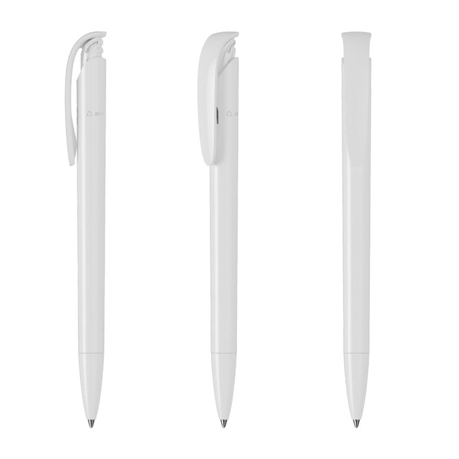 A set of white plastic pens with a smooth design, featuring a clip and a logo on the side.