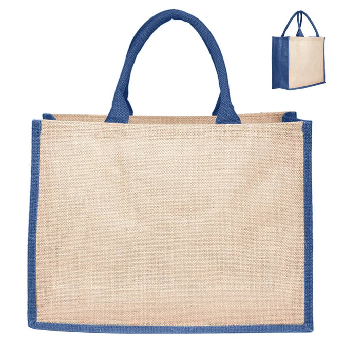 A jute bag featuring a natural beige colour with navy blue handles, and a logo positioned on one side.