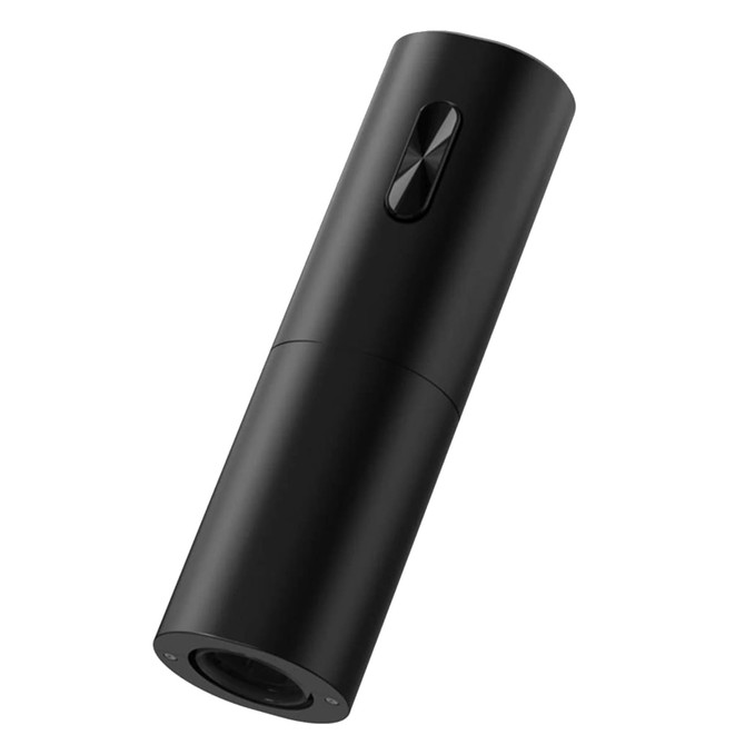 A drink bottle opener in sleek black with a cylindrical design and a discreet logo.