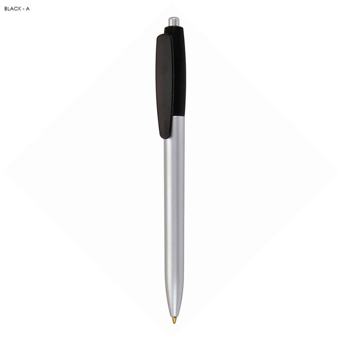 A silver plastic pen with a black grip and silver clip, featuring a branding logo.