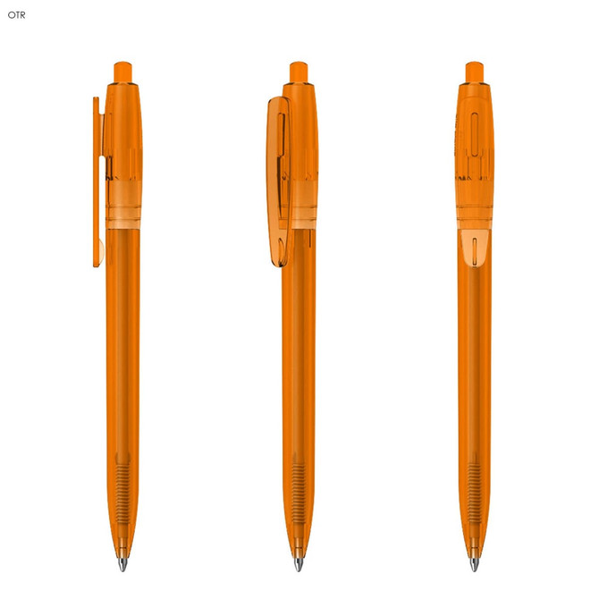 An orange transparent pen with a clip and a rubber grip, presented from multiple angles.