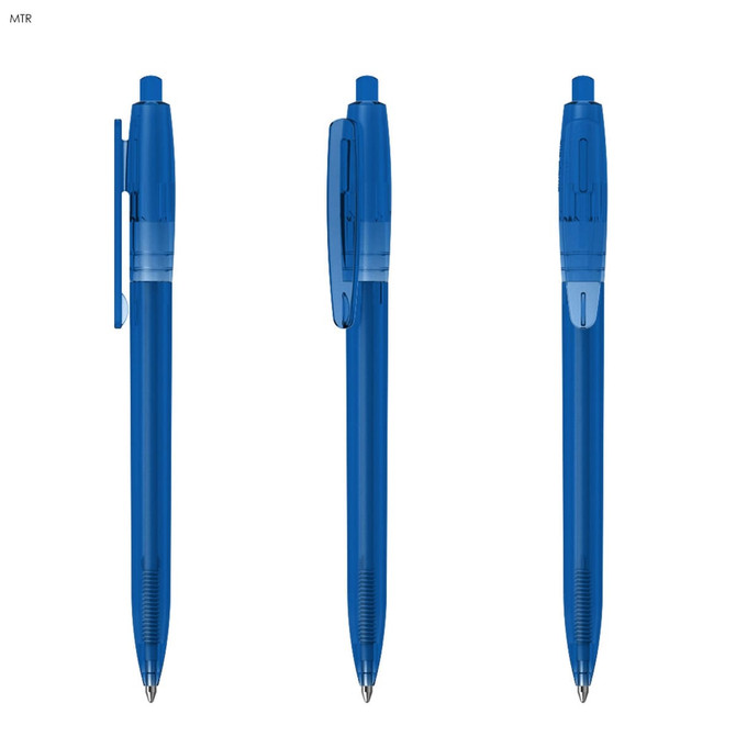 A blue plastic pen featuring a transparent barrel and a clip, displayed from multiple angles. It has a logo on the side.