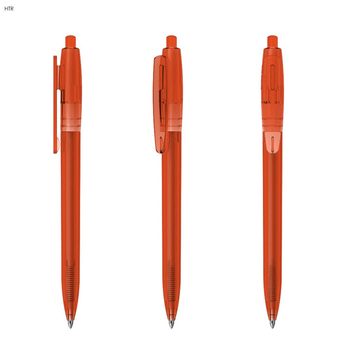 An orange plastic pen featuring a clear barrel and click mechanism, presented from three angles with a logo.