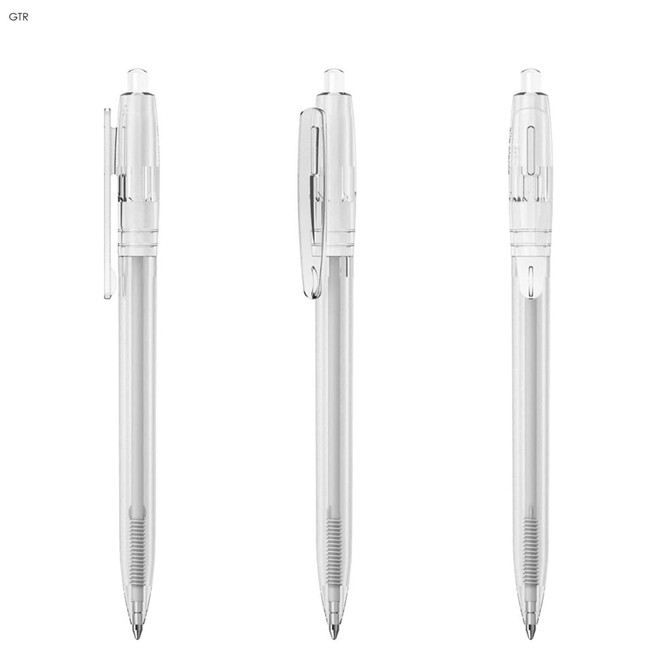 A set of three transparent plastic pens with clear barrels and black ink refills. Each pen features a clip and plunger mechanism.