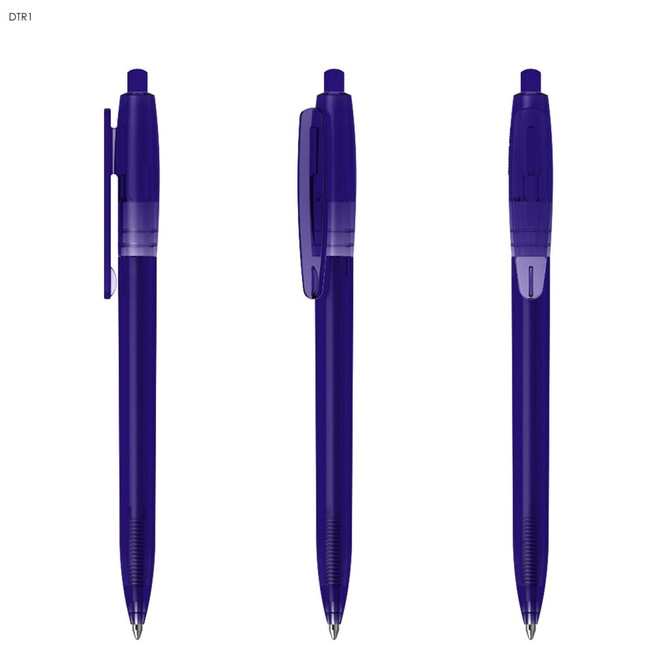 A blue transparent plastic pen with a clip, featuring a smooth barrel and a visible ink refill.