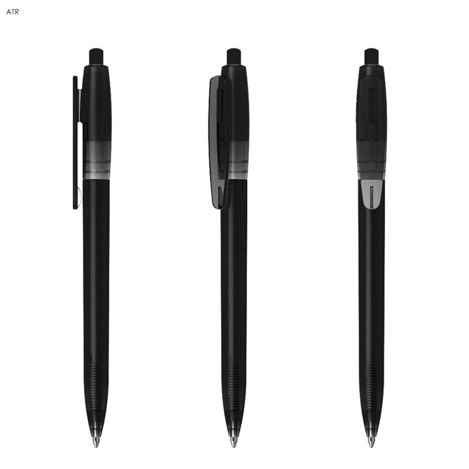 A set of three black plastic pens with a clip and push-button mechanism, featuring a transparent grip section.