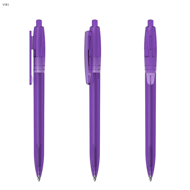 A purple plastic pen with a transparent barrel and a clip. It features a retractable point and a rubberised grip.