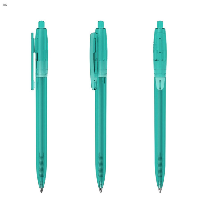 A set of three transparent teal plastic pens with clip and grip sections, featuring a logo on the side.