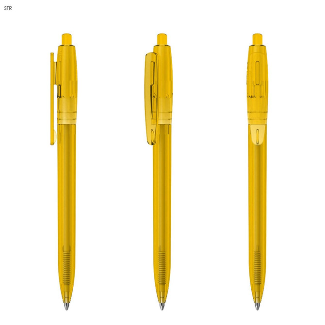 A set of three transparent plastic pens in vibrant yellow, featuring a clip and a push-button mechanism.