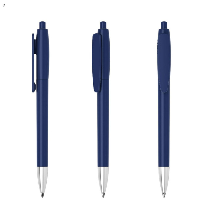 A navy plastic pen with a clip and a silver nib, displayed from three angles. The pen has branding on it.