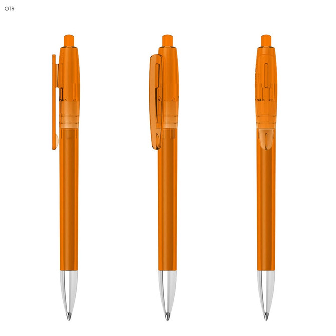 Three transparent orange plastic pens with silver tips and retractable mechanisms, featuring a clip and branding.