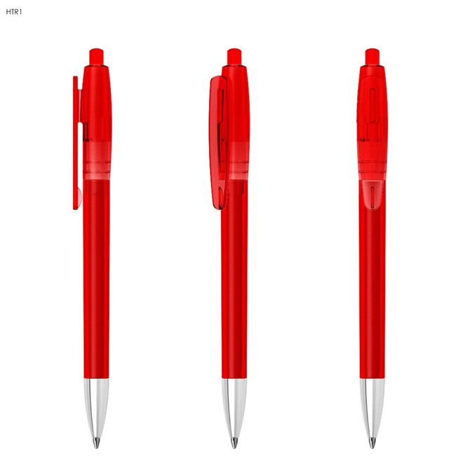 A red plastic pen featuring a transparent cap and clip, with a silver metallic tip. It has a small logo.