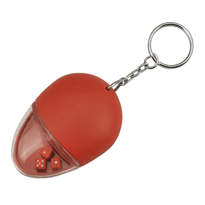 A drink bottle opener key ring in red, featuring a transparent bottom section with three small dice inside.