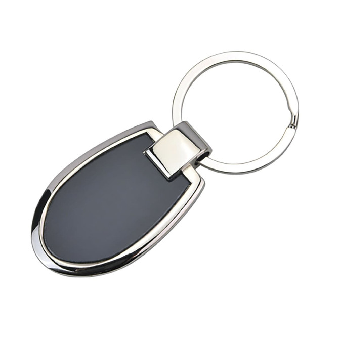 A key ring with a sleek silver and black design, featuring a large oval-shaped body and a metal keyring attachment.