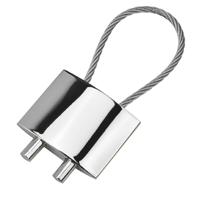 A silver key ring with a sleek design and a sturdy cable attachment. It has a logo on the surface.