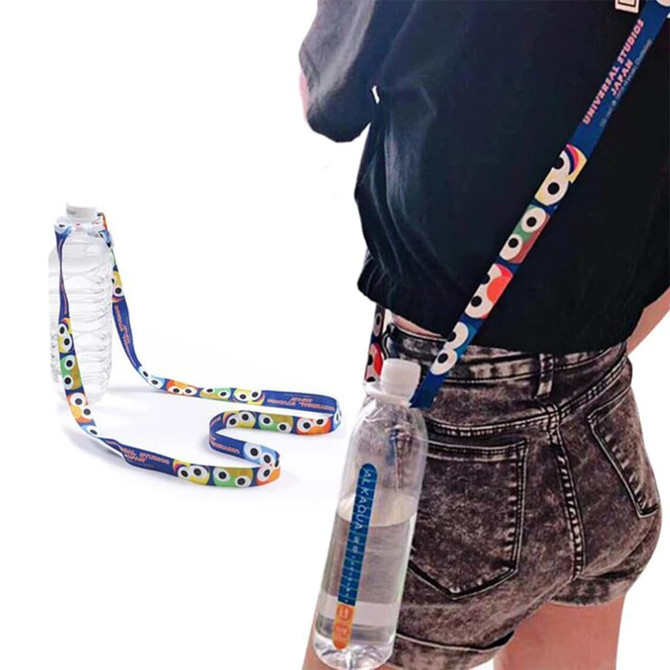 A drink bottle sling lanyard in vibrant colours, featuring a unique design, with a clear water bottle attached.