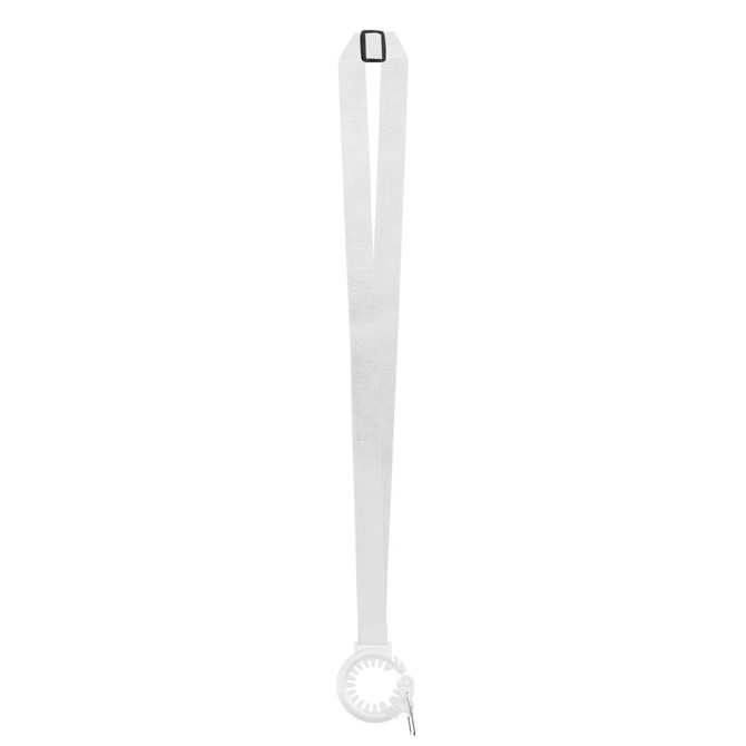 A drink bottle sling lanyard in white, featuring a circular attachment and a rectangular buckle.
