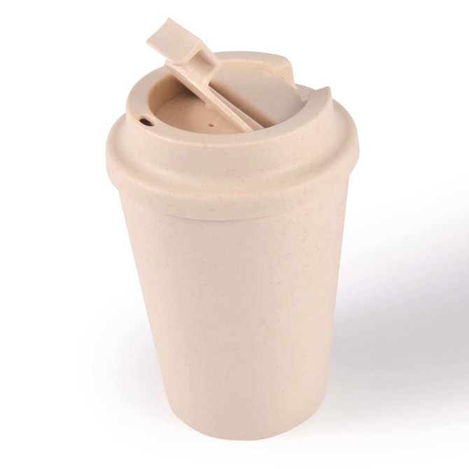A reusable coffee cup in a beige color with a lid and a sliding opening mechanism. Features branding.