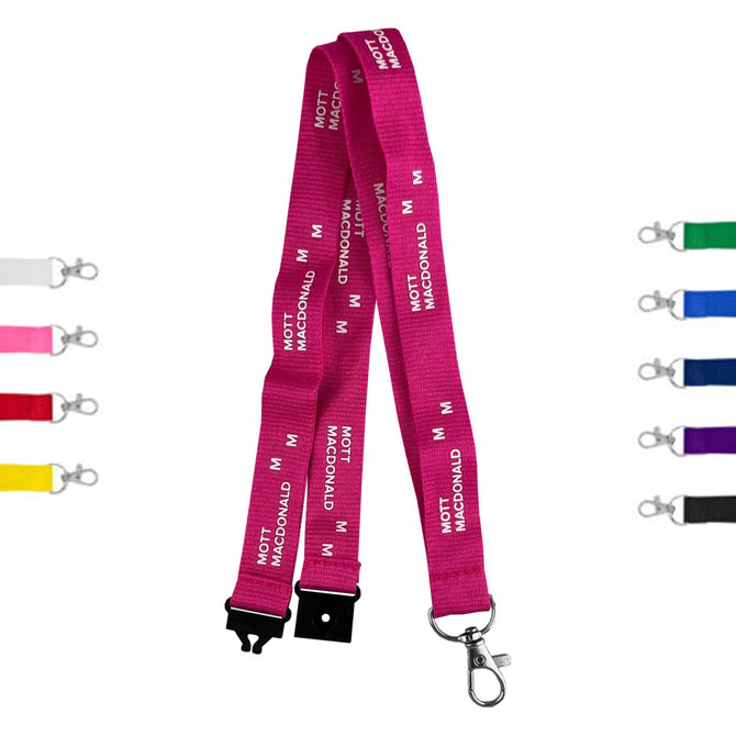A 20mm cotton lanyard in vibrant pink with a clip, featuring a branded logo and available in various other colours.