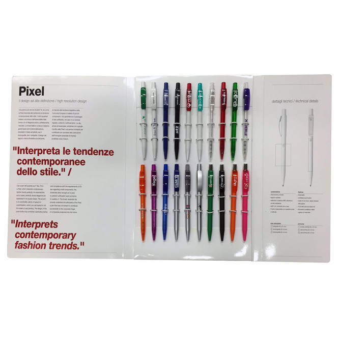 A presentation kit featuring a variety of pens in multiple colours, displayed within a folder that includes branding.