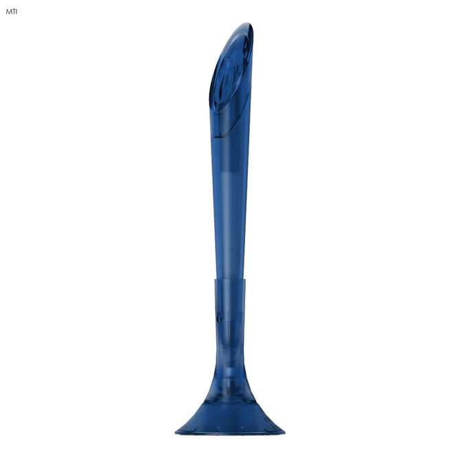 A blue promotional pen with a unique design and a logo at the top, featuring a sturdy base.