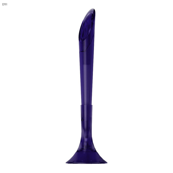 A purple plastic pen with a unique curved design and a branded logo at the rear.