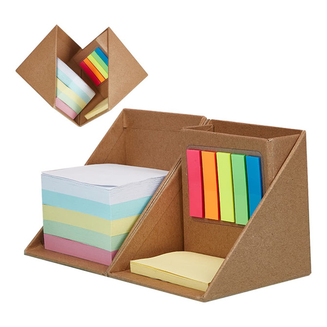 A memo holder with multiple compartments contains sticky notes in pastel colours and vibrant flags, along with a logo.