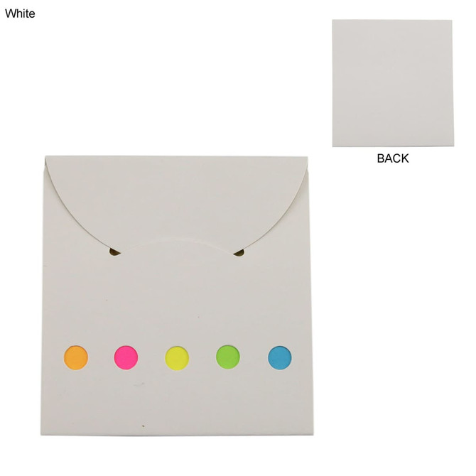 A white sticky note pad with five coloured dots in pink, yellow, and green on the front and a plain back.
