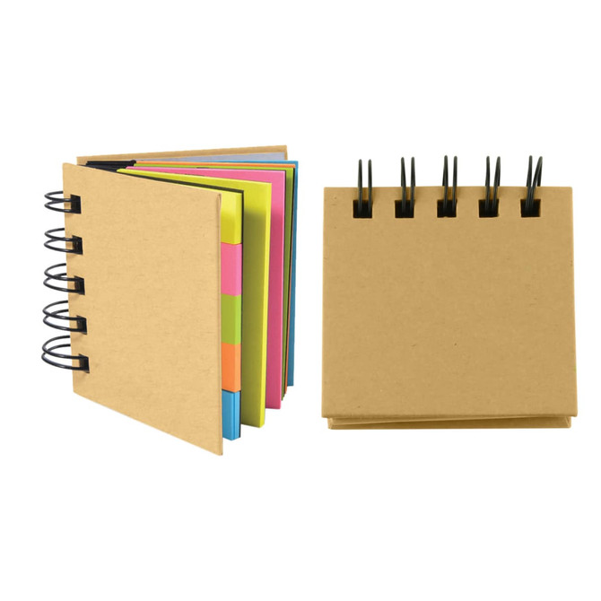 A notepad with spiral binding, featuring multiple colourful pages in shades of pink, blue, and green, with a brown cover.