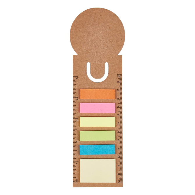 A sticky note pad in brown with a ruler design and colourful sticky notes in pink, orange, blue, green, and yellow.