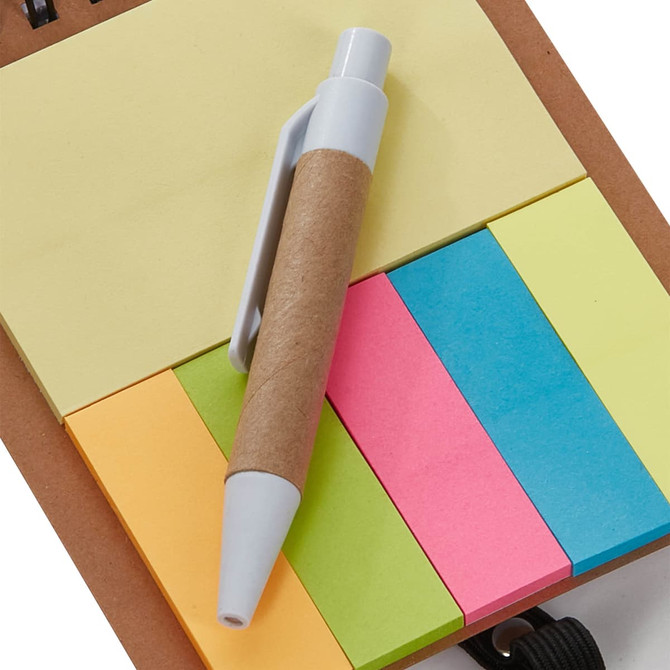 A sticky note pad with various coloured notes in yellow, pink, and blue, accompanied by a white pen.