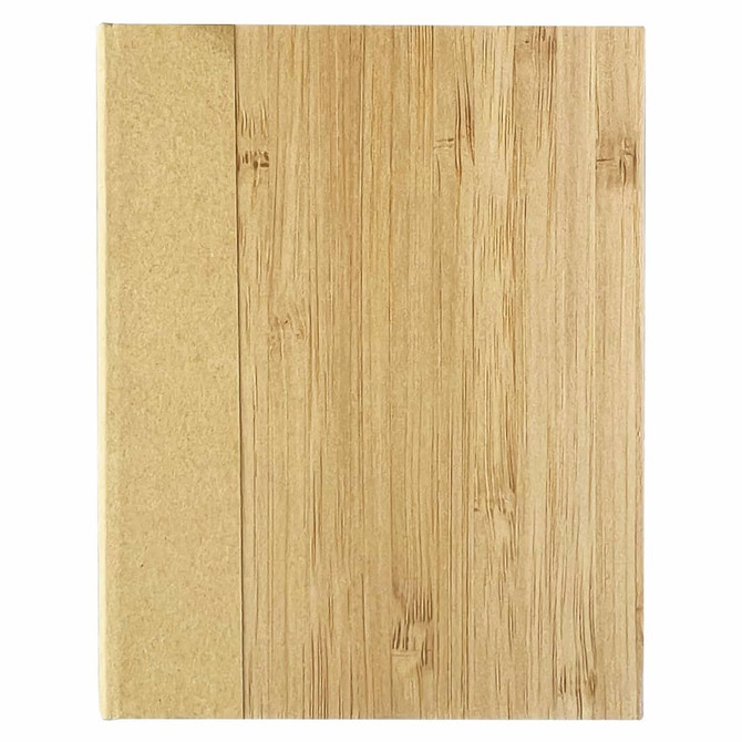A bamboo sticky note pad with a textured bamboo cover. Features natural bamboo tones and a minimalist design.