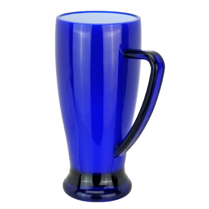 A drink mug in vibrant blue with a black base and handle, featuring a sleek, modern design.