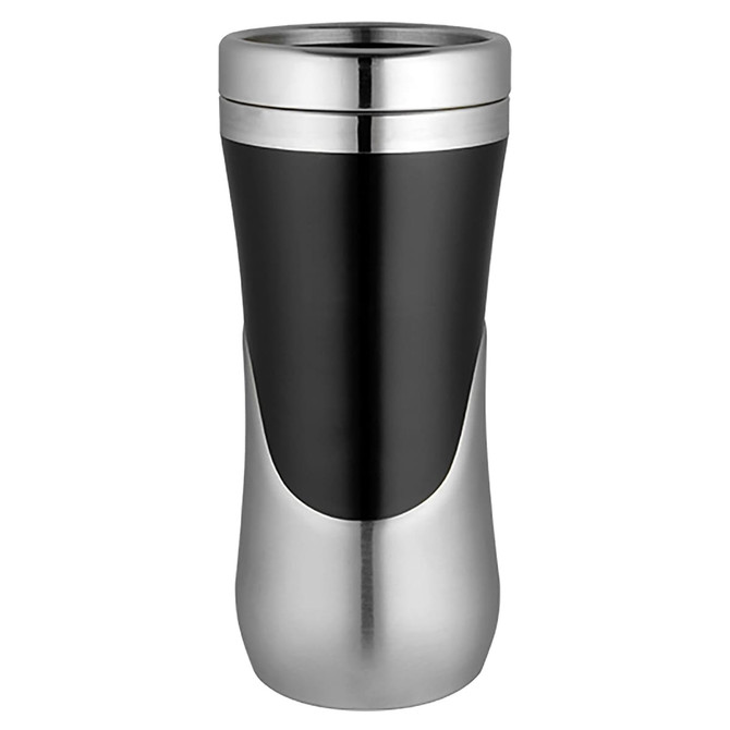 A travel mug in black and silver with a sleek design and a logo on the front.