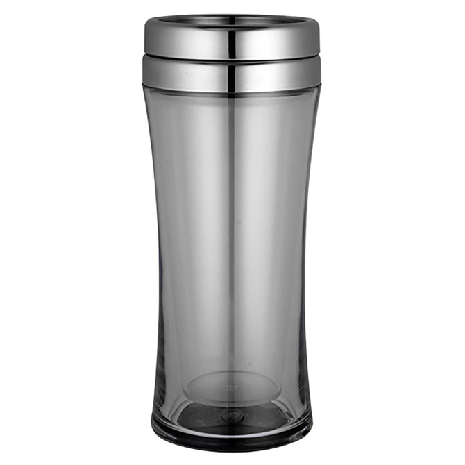 A travel mug in grey with a sleek, tapered design and a metallic lid, featuring a logo on the body.