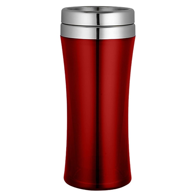 A travel mug in a vibrant red colour with a silver lid and a sleek, curved shape. It features a logo.