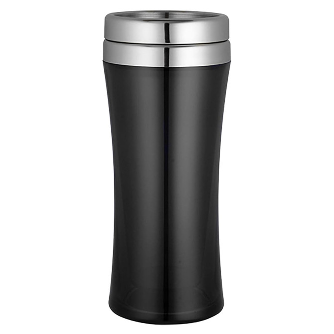 A travel mug in sleek black with a shiny silver lid and a smooth, curved design. It features a branding logo.