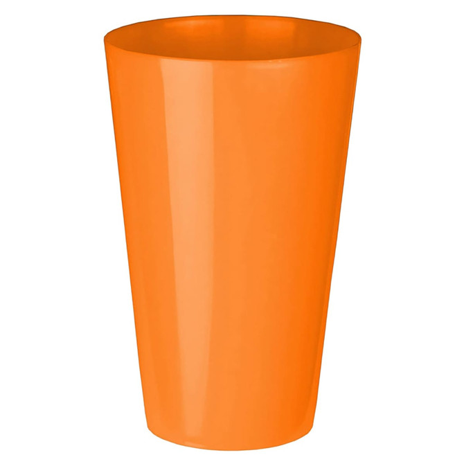 An orange plastic cup featuring a sleek design and a glossy finish, suitable for various beverages.