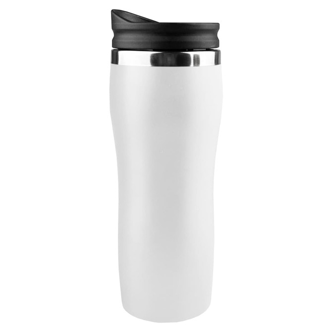 A drink bottle in white with a black lid and silver accents, featuring a logo on the side.