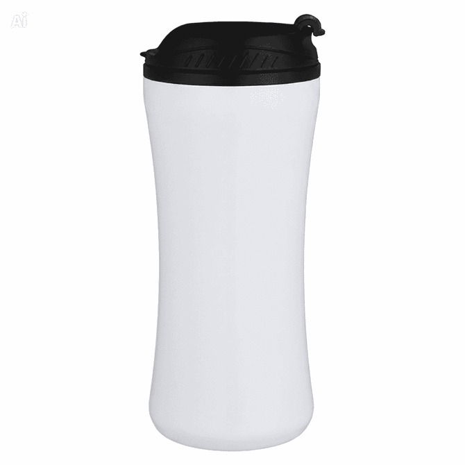 A travel mug with a sleek black lid and a smooth white body, featuring a logo on the surface.